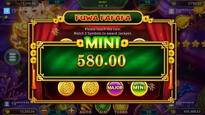 RSG皇家電子福蛙捕魚遊戲FUWA FAFAFA大獎與Mini Jackpot觸發介面