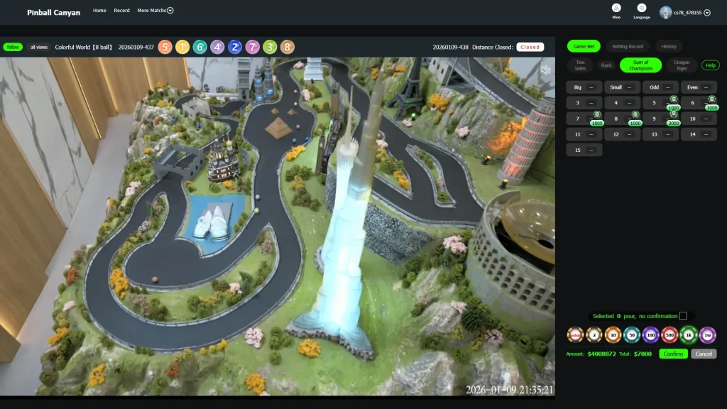 彈珠小鋼珠Pinball Canyon實景賽道與冠軍總和投注介面