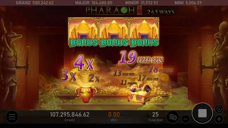 RSG皇家電子法老王2老虎機一般模式觸發三個BONUS圖標免費遊戲紅利畫面