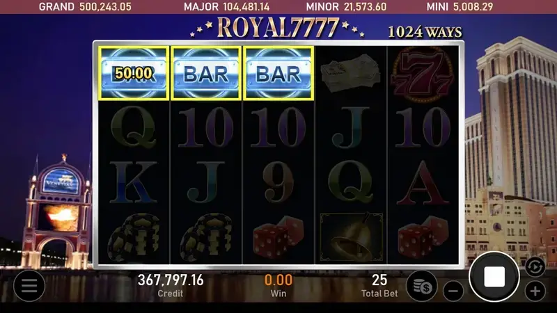 皇家7777老虎機一般遊戲模式1024WAYS連線觸發藍色發光BAR符號與50元即時獎金畫面