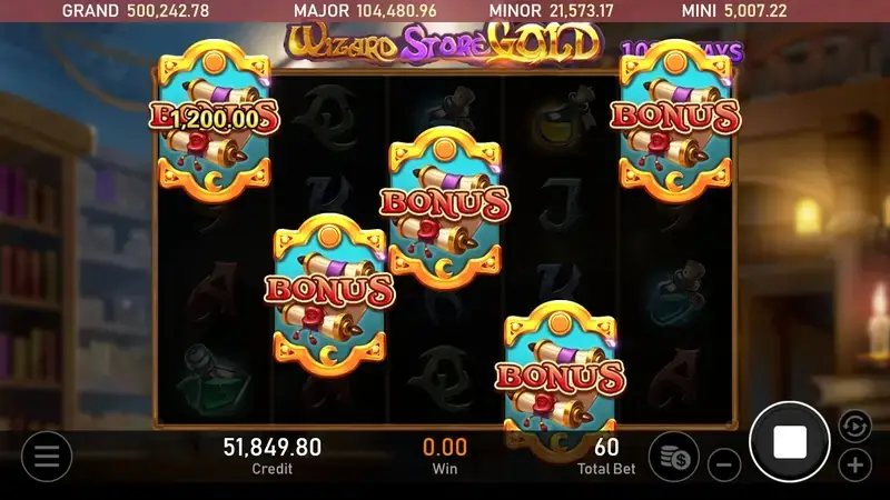 RSG皇家電子巫師商店黃金版老虎機一般遊戲模式觸發五個BONUS捲軸進入免費遊戲畫面
