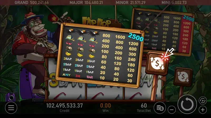 RSG皇家電子嘻哈金剛老虎機遊戲賠率表切換對照教學介面