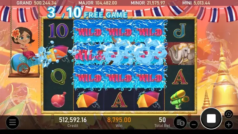RSG皇家電子潑水節老虎機免費遊戲模式WILD符號連線畫面