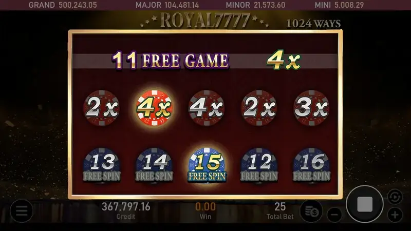 皇家7777老虎機免費遊戲籌碼自選模式觸發15次免遊與4倍乘數獎勵操作畫面