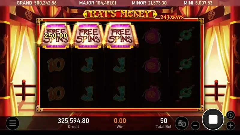 RSG皇家電子鼠來寶老虎機一般遊戲模式觸發三個FREESPINS捲軸符號進入免費遊戲畫面