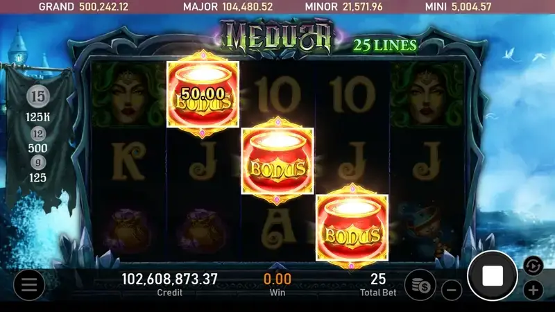 RSG皇家電子美杜莎老虎機一般遊戲模式集齊三個BONUS符號觸發免費遊戲瞬間