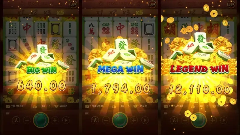RSG皇家電子麻將發了老虎機BIG WIN、MEGA WIN與LEGEND WIN爆分畫面