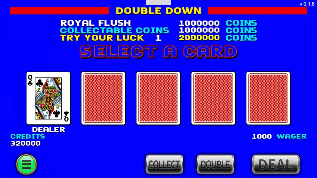 RSG皇家電子皇冠5PK撲克機DOUBLE DOWN翻倍獎勵選擇畫面