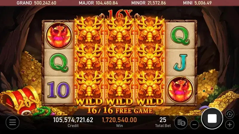 RSG皇家電子龍王2老虎機免費遊戲16X倍數第234輪全盤龍王WILD連線畫面