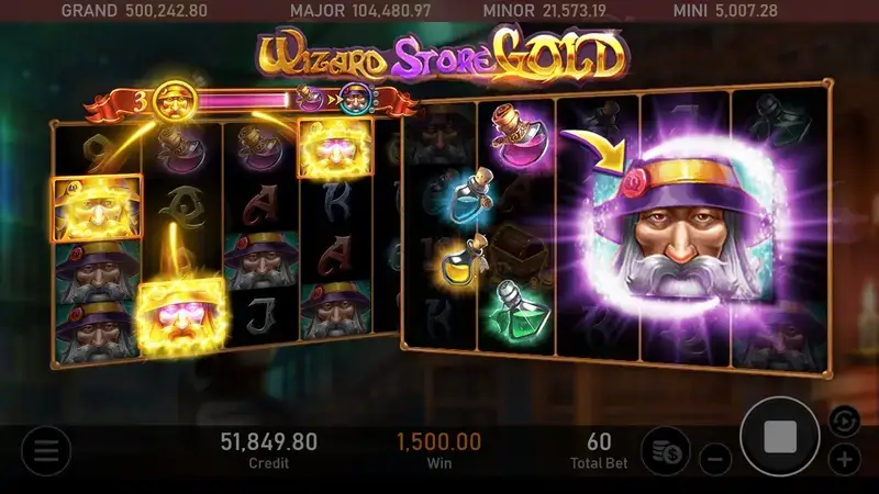 RSG皇家電子巫師商店黃金版老虎機觸發巨型巫師符號與盤面擴展特殊機制畫面