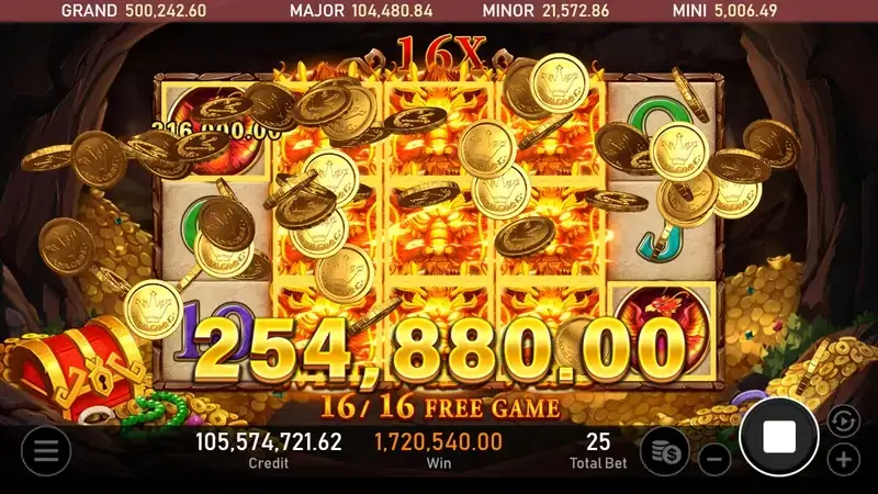 RSG皇家電子龍王2老虎機免費遊戲16倍乘數觸發龍王WILD滿盤狂咬172萬贏分畫面