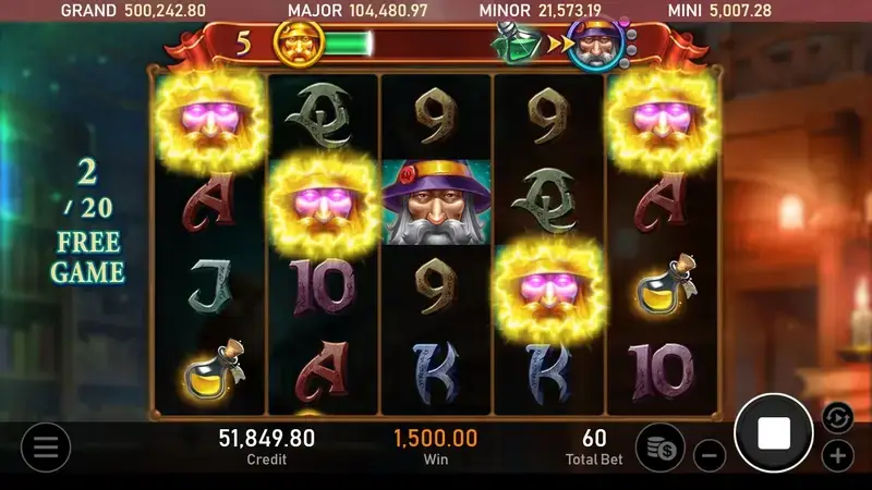 RSG皇家電子巫師商店黃金版老虎機免費遊戲模式觸發黃金圈巫師符號轉換與贏分畫面