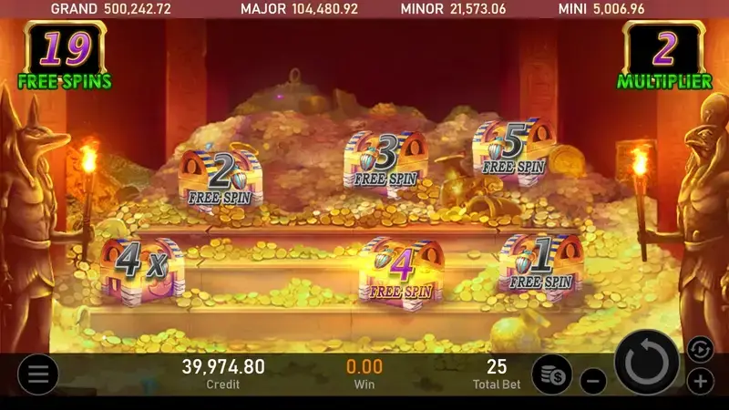 RSG皇家電子法老王2老虎機免費遊戲開啟前的黃金寶箱自選機制畫面