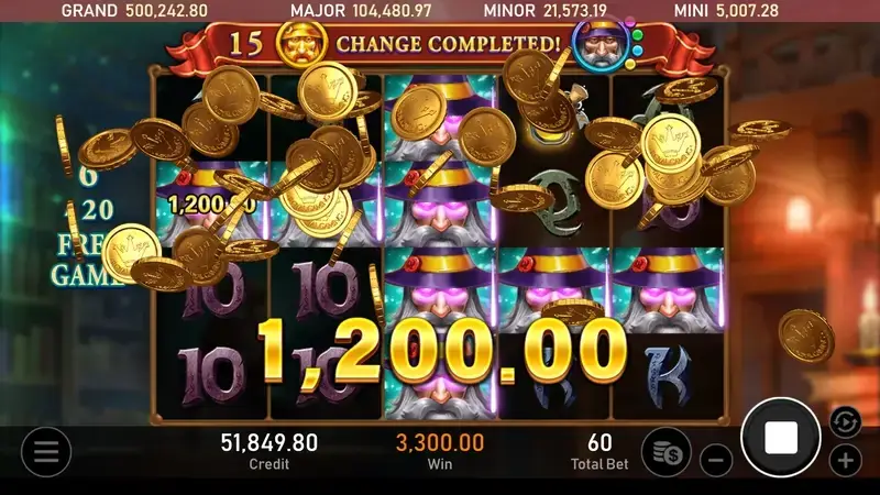 RSG皇家電子巫師商店黃金版老虎機免費遊戲模式觸發高分巫師符號連線與噴金幣大獎畫面