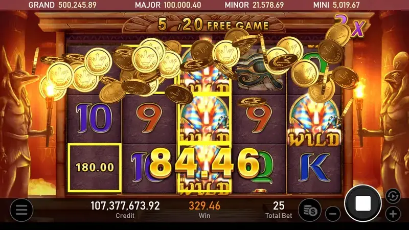 RSG皇家電子法老王2老虎機免費遊戲第5局3倍乘數觸發法老王WILD連線噴金幣畫面