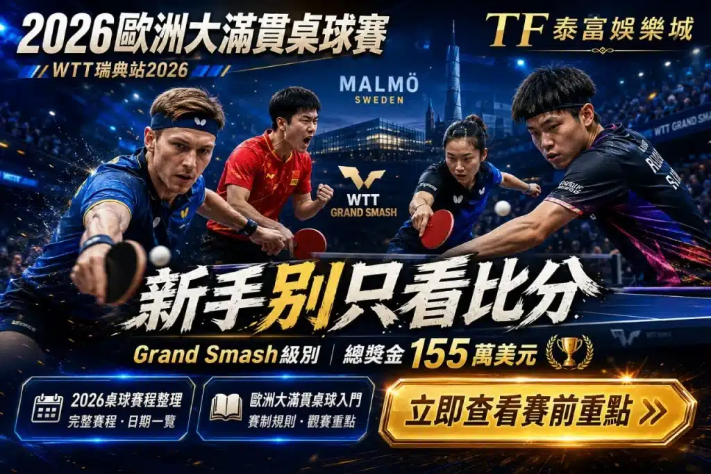 2026歐洲大滿貫桌球賽宣傳圖，介紹 WTT 瑞典站賽程、Grand Smash 焦點球星、賽制重點與觀賽指南。