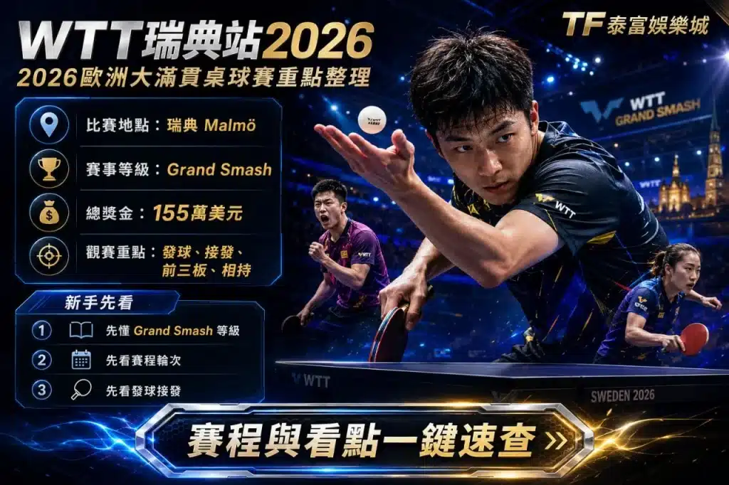 WTT瑞典站2026資訊圖，整理2026歐洲大滿貫桌球賽地點、Grand Smash賽制、獎金、賽程與觀賽重點。