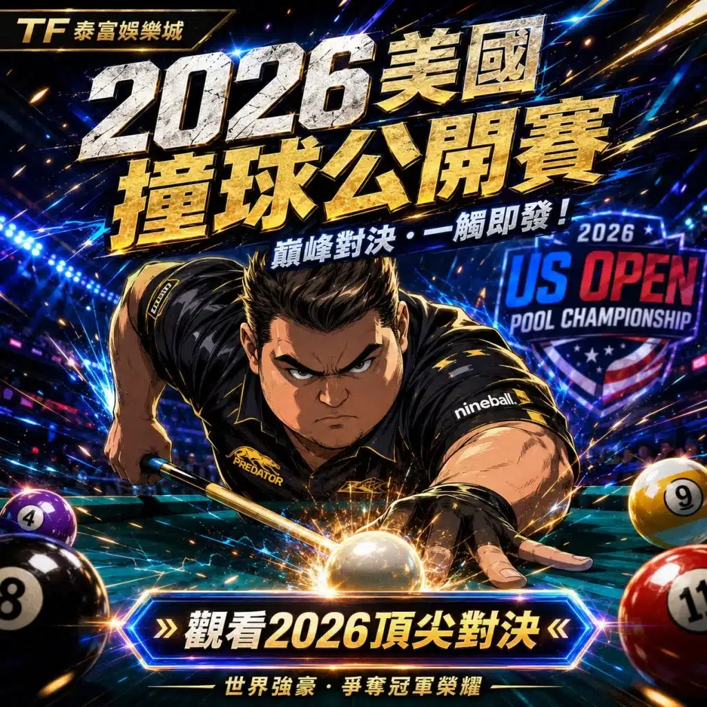 2026美國撞球公開賽宣傳圖，以職業撞球選手擊球為主視覺，搭配九號球賽事、頂尖對決與冠軍爭奪元素，呈現高張力比賽氛圍。