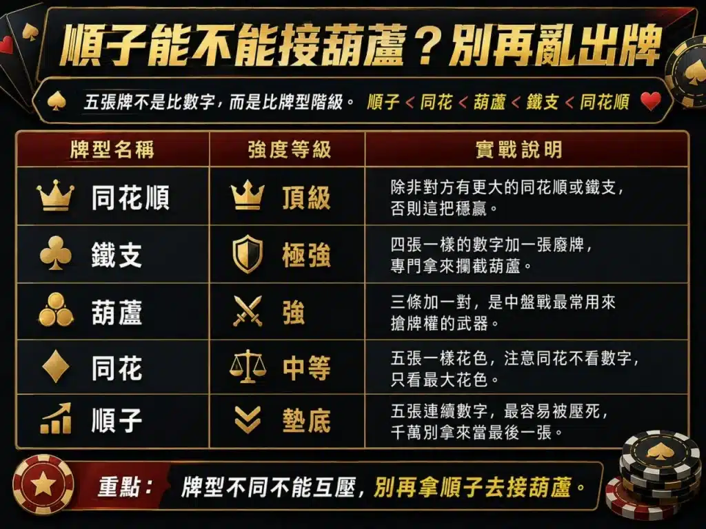 大老二規則完整解析，詳細介紹大老二規則、五張牌型大小、順子、同花、葫蘆、鐵支與同花順比較。