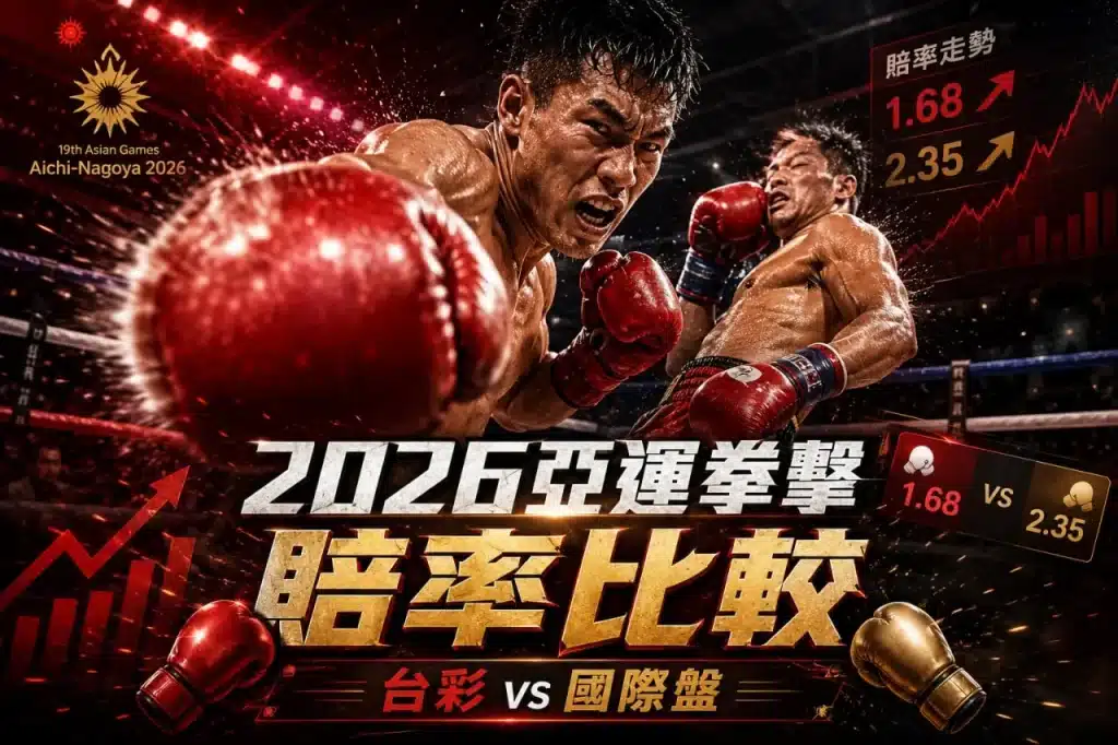 2026亞運拳擊賠率比較封面圖，呈現拳擊手對戰、台彩與國際盤賠率走勢
