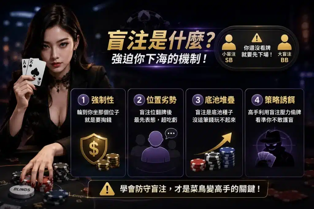 德州撲克規則解說圖，介紹小盲注與大盲注的強制下注機制、位置劣勢與底池累積作用